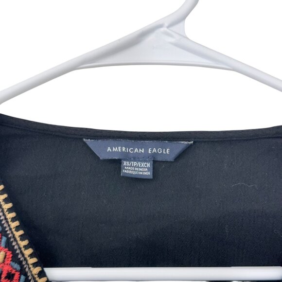 American Eagle Women Black Boho Embroidered 3/4 Sleeve Peasant Crop Blouse SZ XS - Picture 4 of 10